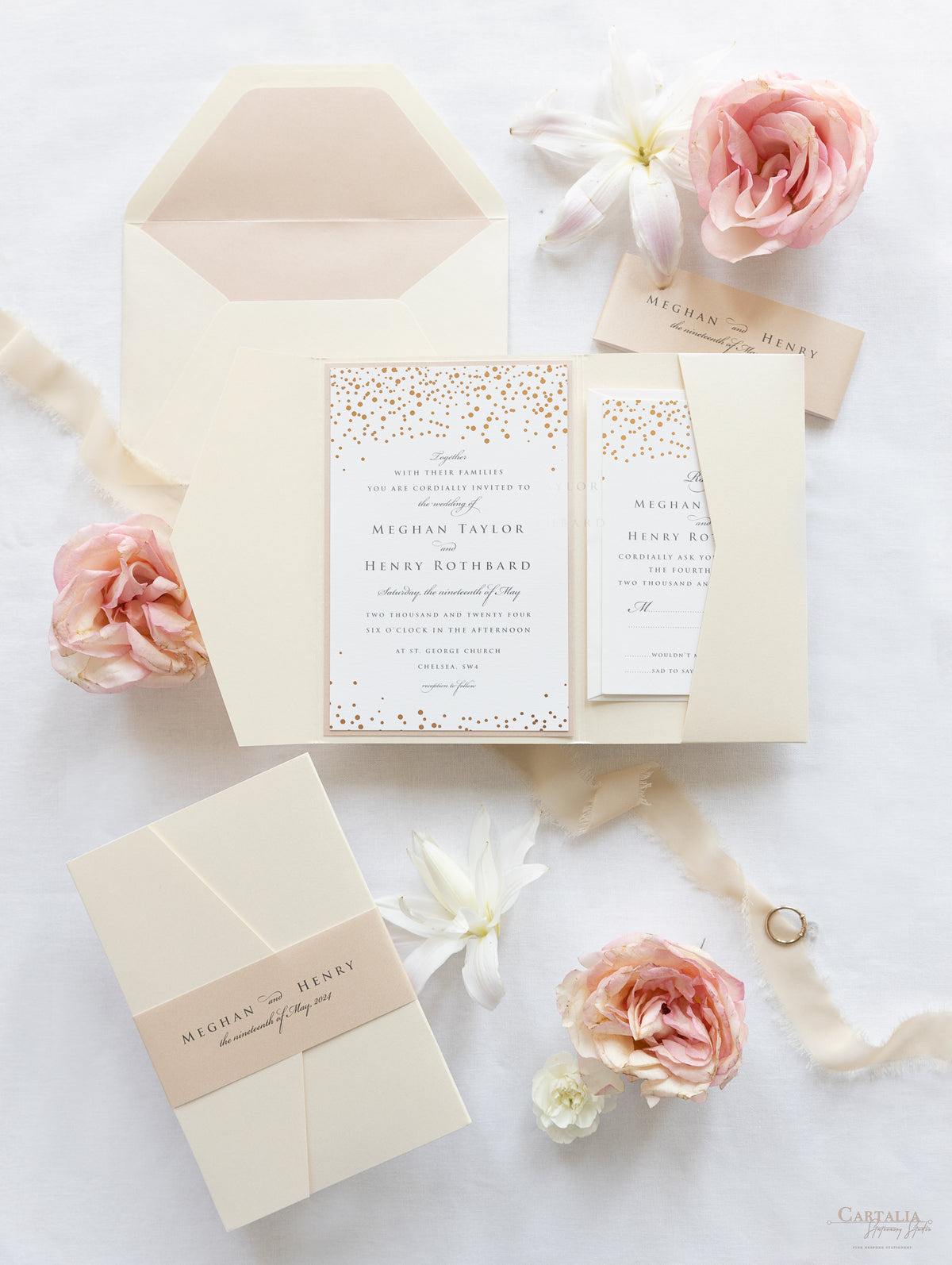 Classic Envelope Fold Invitation with Confetti Pocket Suite in Dusty Pink and Champagne