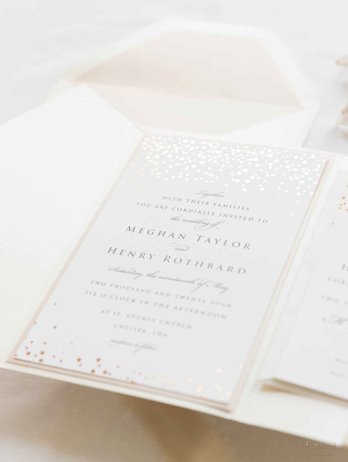 Classic Envelope Fold Invitation with Confetti Pocket Suite in Dusty Pink and Champagne