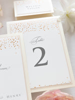 Classic Confetti Table Number & Name in Dusty Pink and Champagne