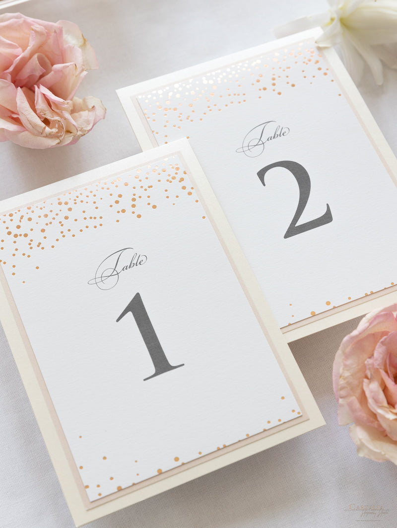 Classic Confetti Table Number & Name in Dusty Pink and Champagne