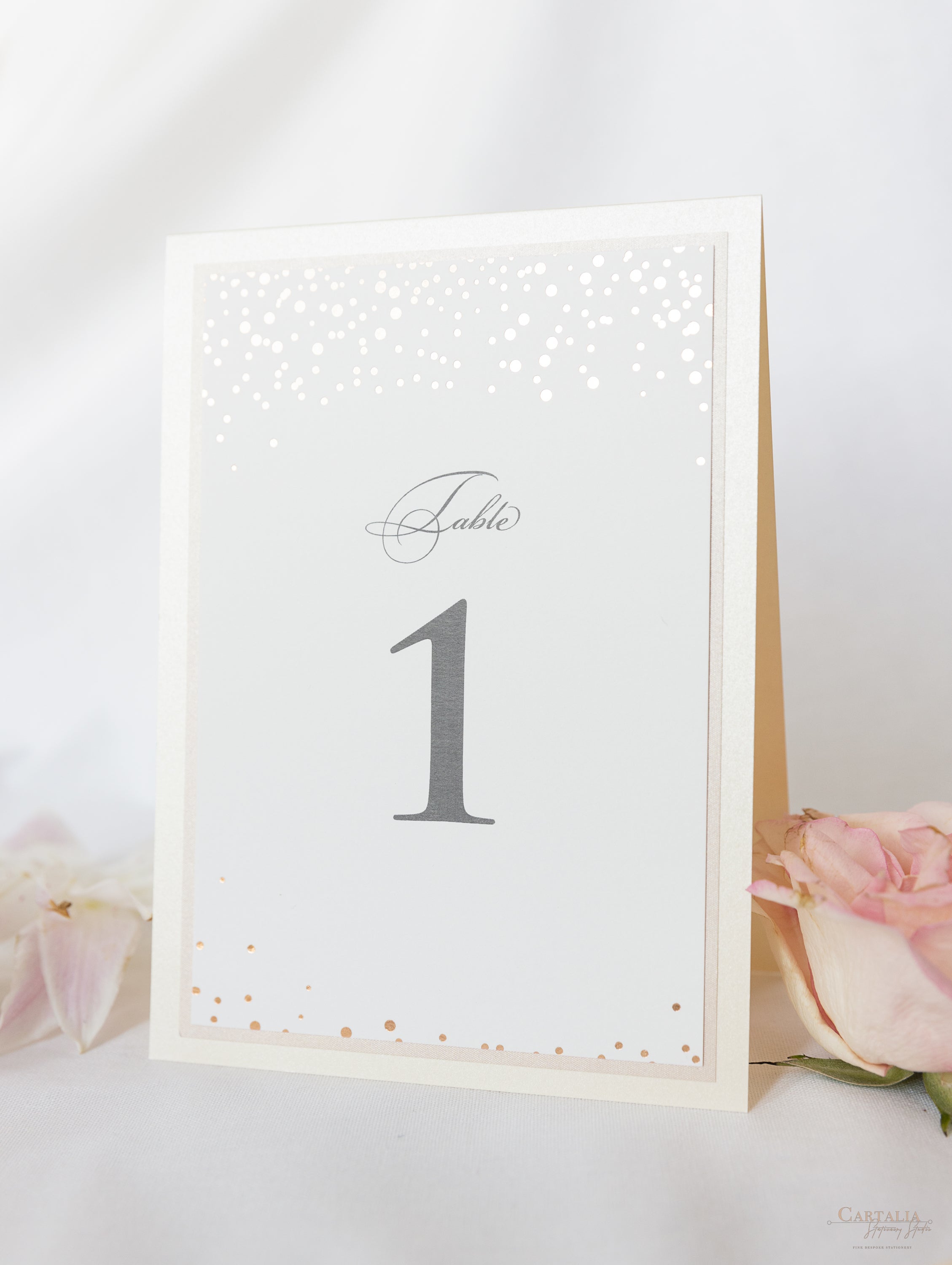Classic Confetti Table Number &amp; Name in Dusty Pink and Champagne 