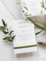 Modern Calligraphy Invitation  3 Tier Folder Pocket Suite with Vellum Parchment Envelope and Pearl Wax Seal with ribbed ribbon