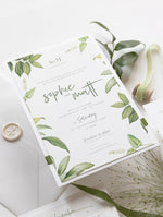 Modern Calligraphy Invitation  3 Tier Folder Pocket Suite with Vellum Parchment Envelope and Pearl Wax Seal with ribbed ribbon