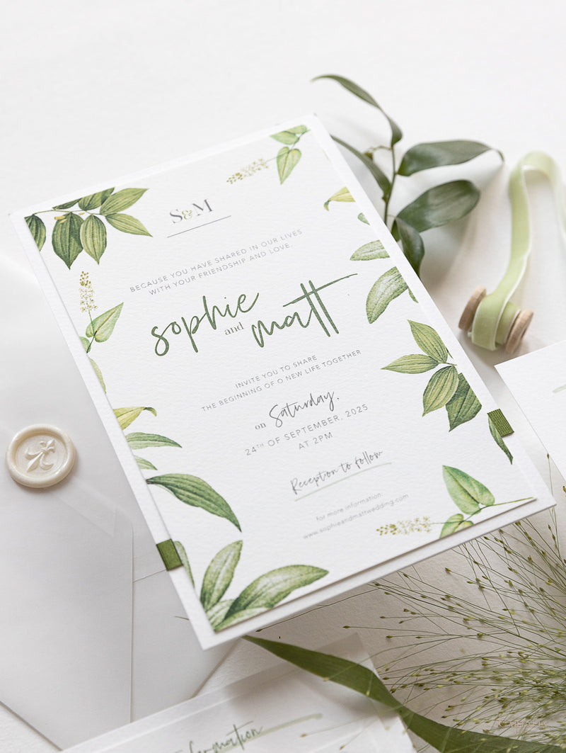 Modern Calligraphy Invitation  3 Tier Folder Pocket Suite with Vellum Parchment Envelope and Pearl Wax Seal with ribbed ribbon