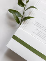 Modern Calligraphy Invitation  3 Tier Folder Pocket Suite with Vellum Parchment Envelope and Pearl Wax Seal with ribbed ribbon
