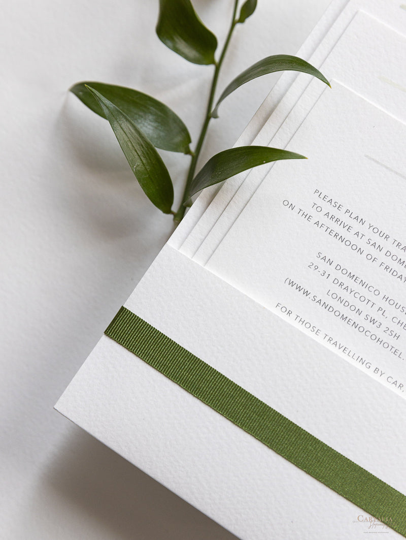 Modern Calligraphy Invitation  3 Tier Folder Pocket Suite with Vellum Parchment Envelope and Pearl Wax Seal with ribbed ribbon