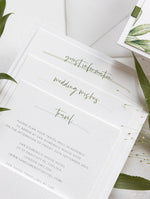 Modern Calligraphy Invitation  3 Tier Folder Pocket Suite with Vellum Parchment Envelope and Pearl Wax Seal with ribbed ribbon