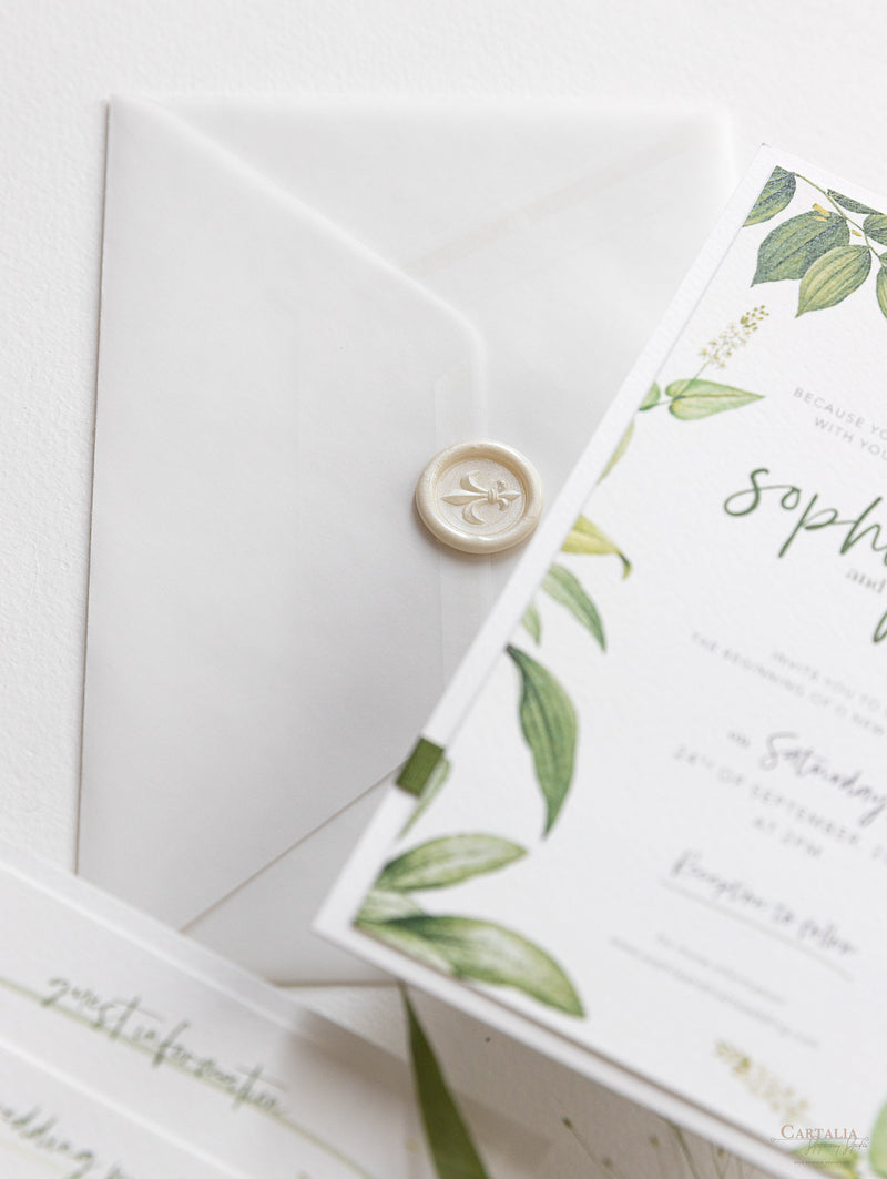 Modern Calligraphy Invitation  3 Tier Folder Pocket Suite with Vellum Parchment Envelope and Pearl Wax Seal with ribbed ribbon