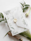 Modern Calligraphy Invitation  3 Tier Folder Pocket Suite with Vellum Parchment Envelope and Pearl Wax Seal with ribbed ribbon