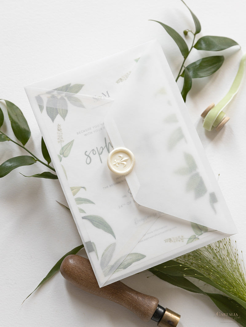 Modern Calligraphy Invitation  3 Tier Folder Pocket Suite with Vellum Parchment Envelope and Pearl Wax Seal with ribbed ribbon