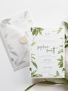 Modern Calligraphy Invitation  3 Tier Folder Pocket Suite with Vellum Parchment Envelope and Pearl Wax Seal with ribbed ribbon