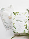 Modern Calligraphy Invitation  3 Tier Folder Pocket Suite with Vellum Parchment Envelope and Pearl Wax Seal with ribbed ribbon