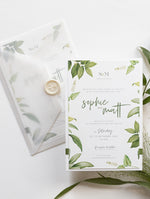 Modern Calligraphy Invitation  3 Tier Folder Pocket Suite with Vellum Parchment Envelope and Pearl Wax Seal with ribbed ribbon