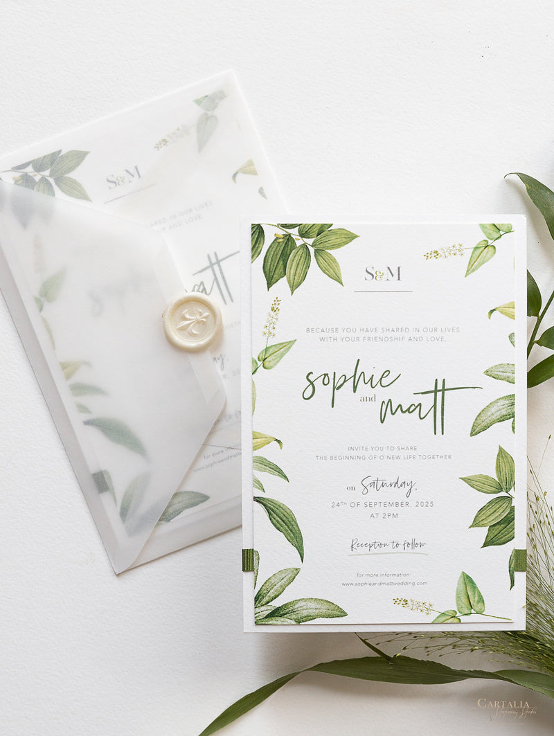 Modern Calligraphy Invitation  3 Tier Folder Pocket Suite with Vellum Parchment Envelope and Pearl Wax Seal with ribbed ribbon