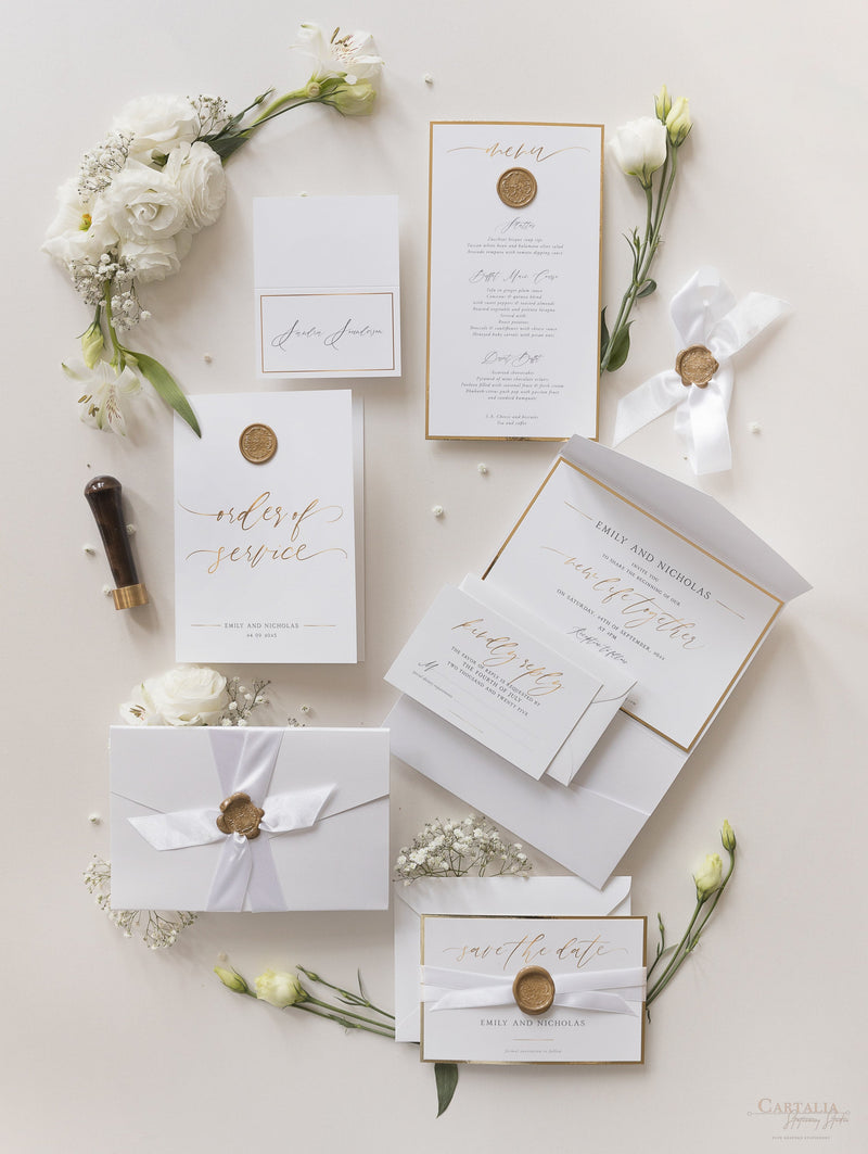 Bespoke Wax Seal Menu Cupid Amore with Gold Foil Trim