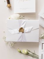 Cupid's Amore Classic Wax Seal Envelope Fold Folder in White with Satin Ribbon and Gold Details