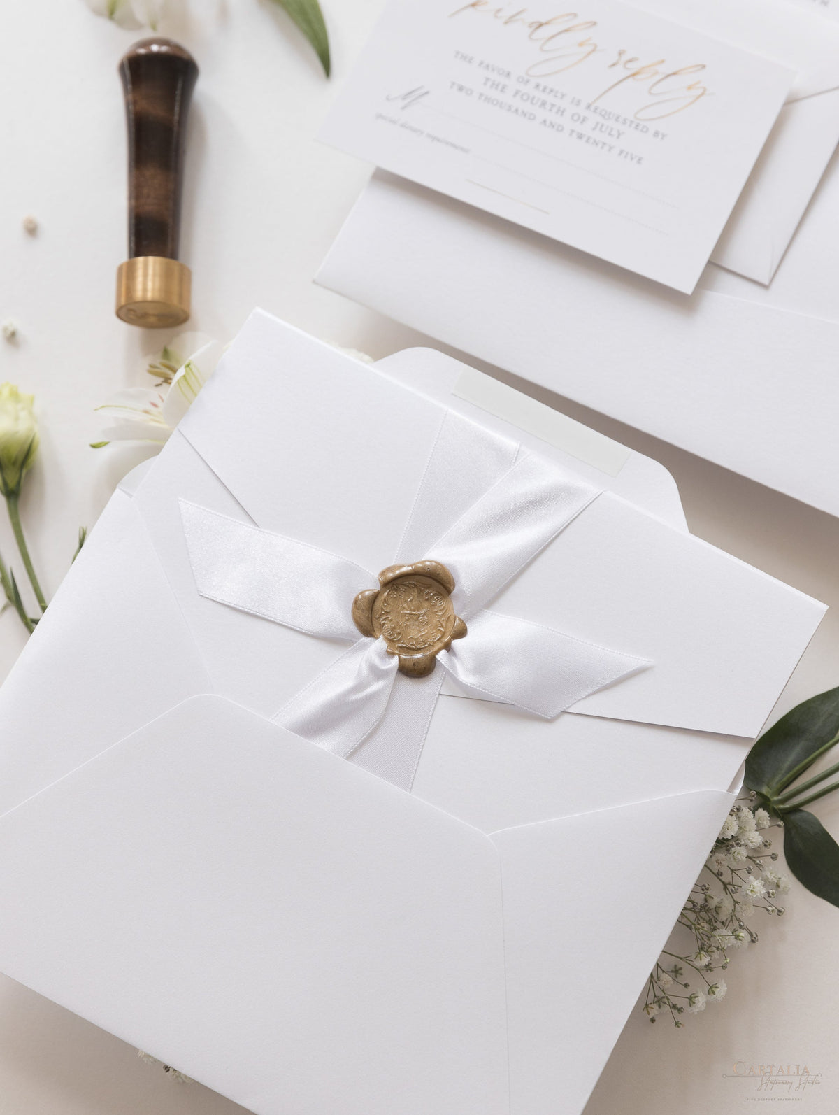 Cupid's Amore Classic Wax Seal Envelope Fold Folder in White with Satin Ribbon and Gold Details