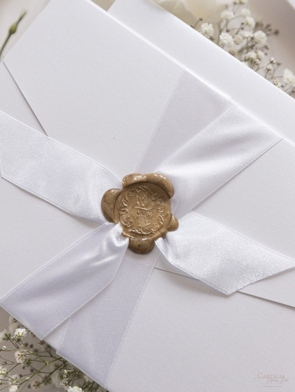 Cupid's Amore Classic Wax Seal Envelope Fold Folder in White with Satin Ribbon and Gold Details