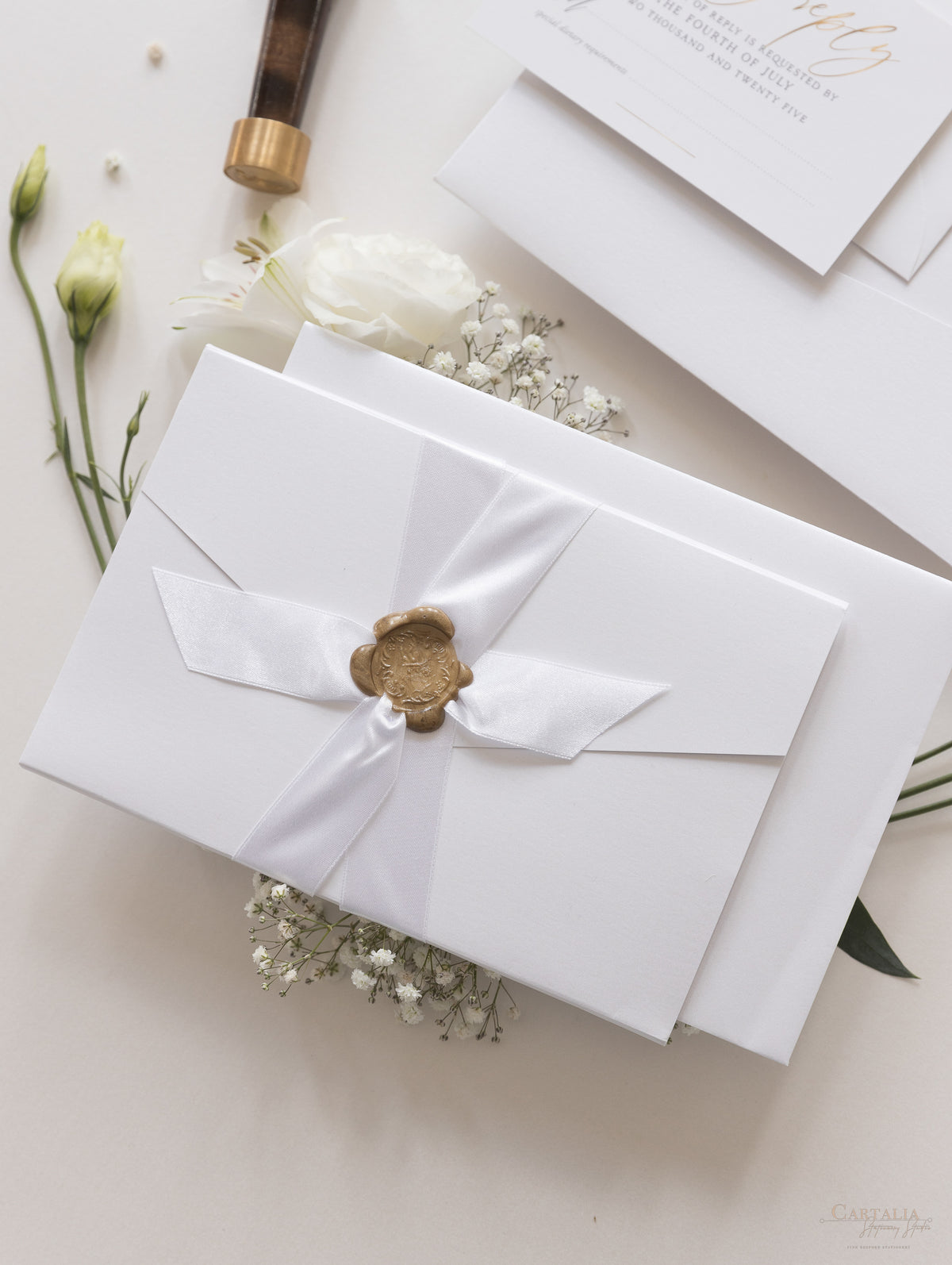 Cupid's Amore Classic Wax Seal Envelope Fold Folder in White with Satin Ribbon and Gold Details