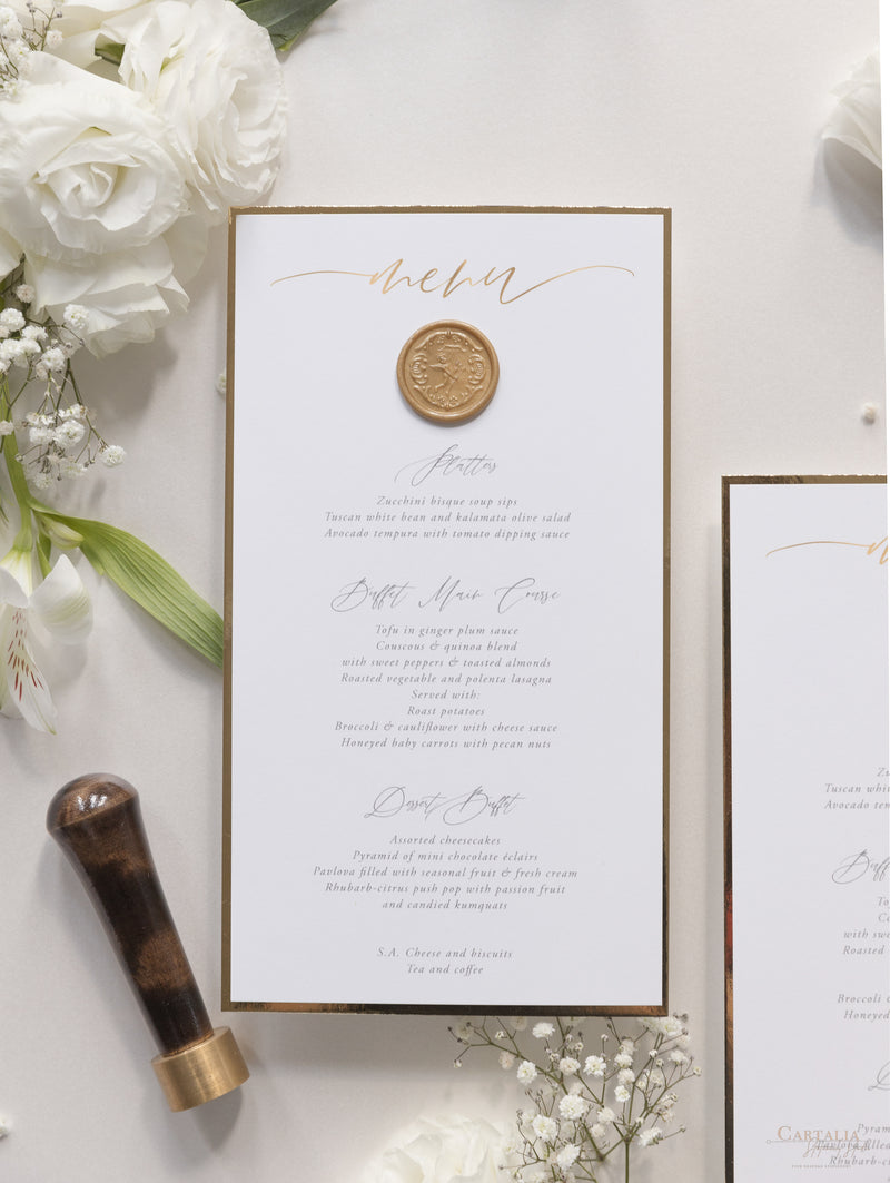 Bespoke Wax Seal Menu Cupid Amore with Gold Foil Trim