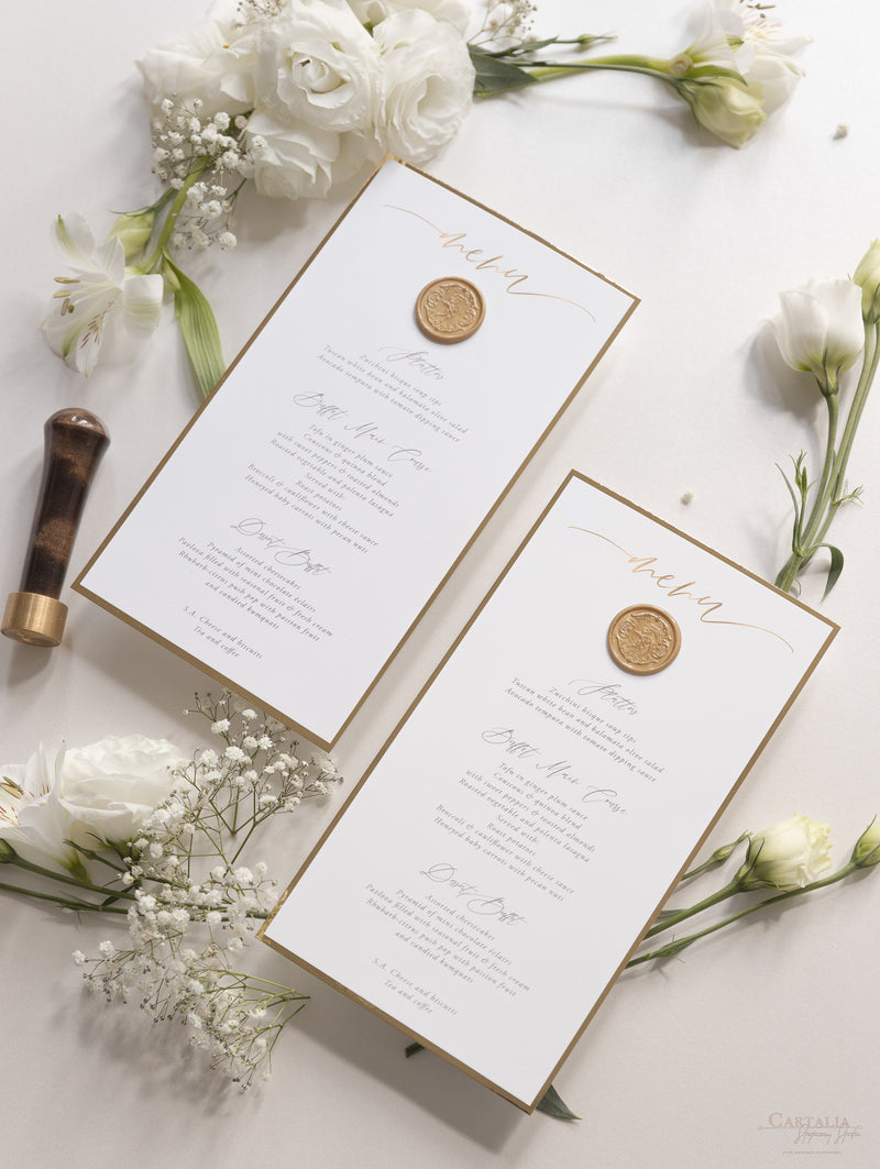 Bespoke Wax Seal Menu Cupid Amore with Gold Foil Trim