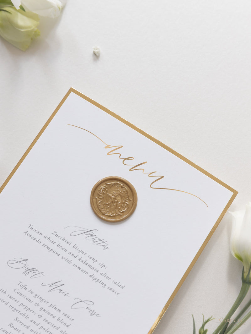 Bespoke Wax Seal Menu Cupid Amore with Gold Foil Trim