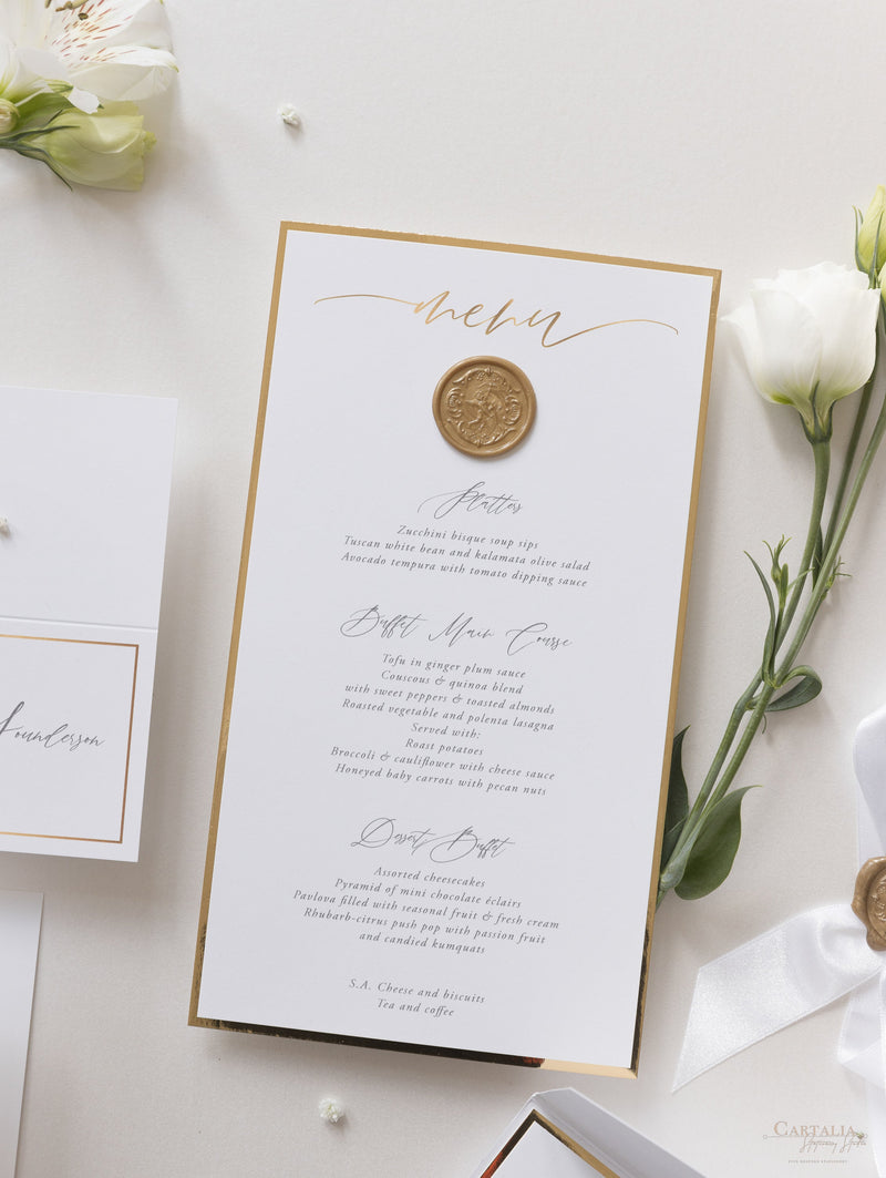 Bespoke Wax Seal Menu Cupid Amore with Gold Foil Trim