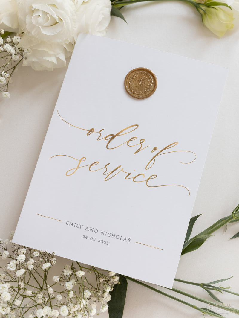 Modern Order of Service in Gold Cupid Amore with a Wax Seal
