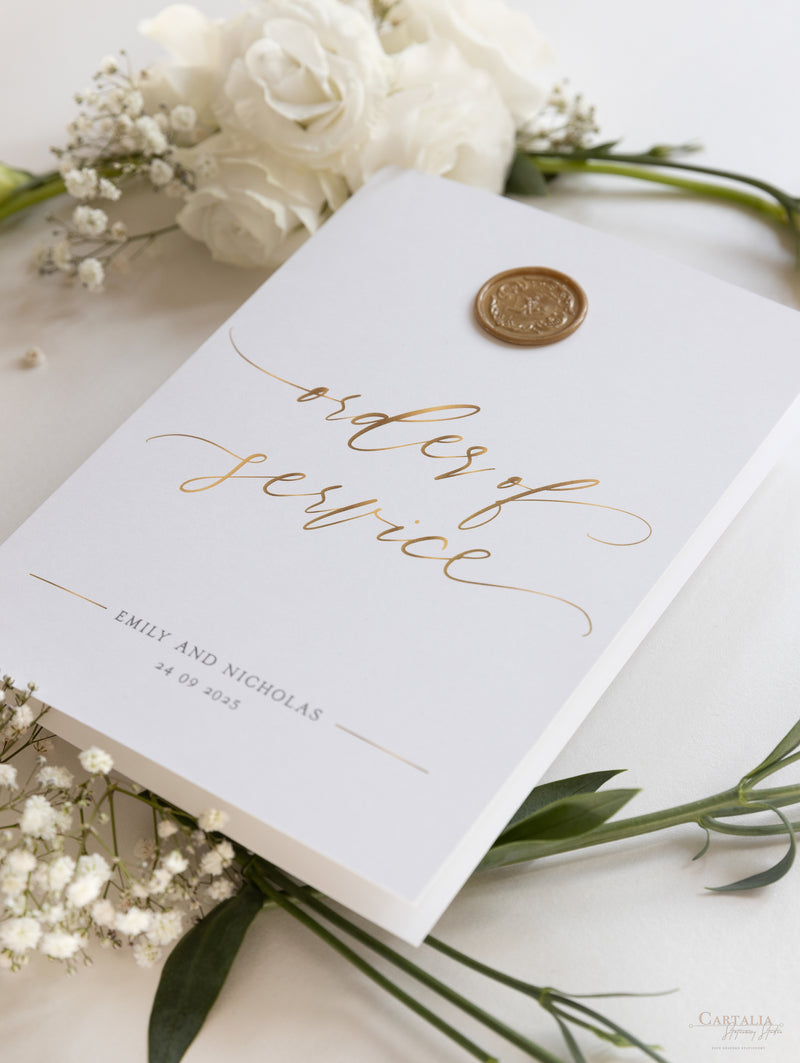 Modern Order of Service in Gold Cupid Amore with a Wax Seal