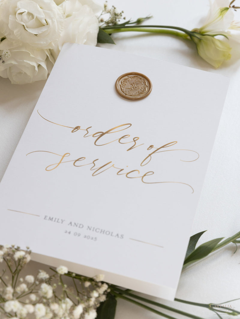 Modern Order of Service in Gold Cupid Amore with a Wax Seal