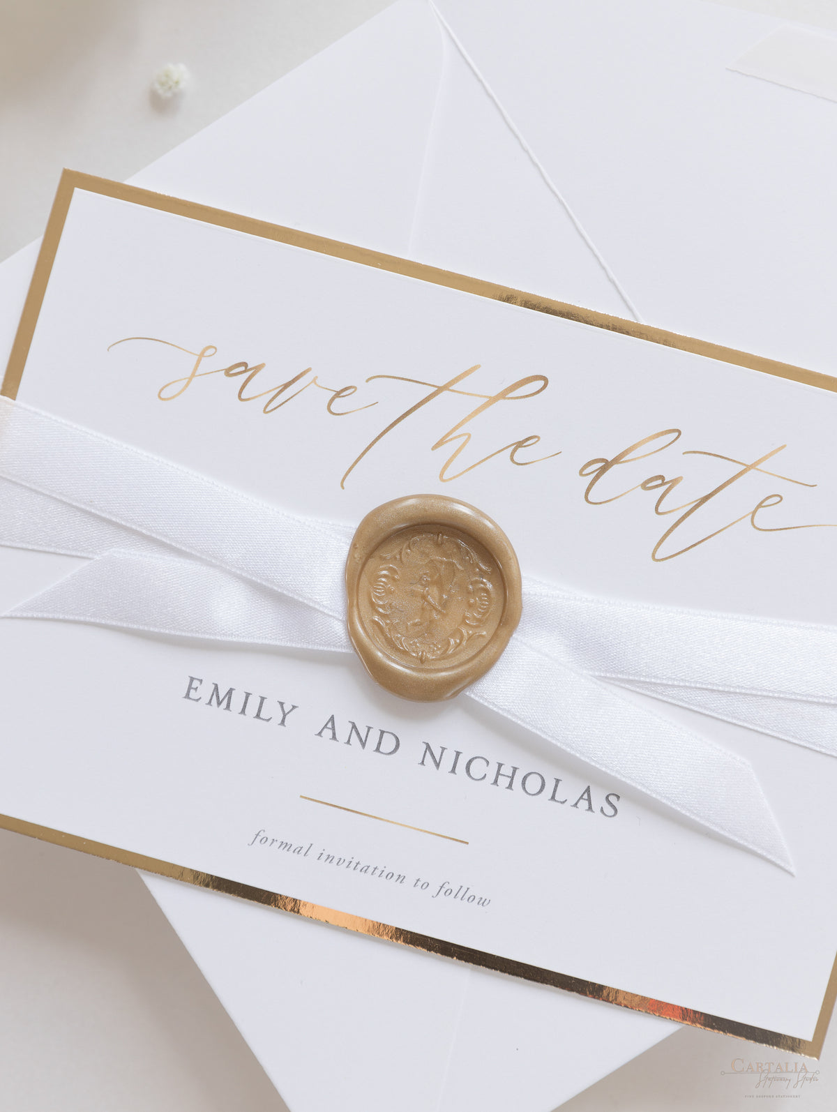 Luxury Wax Seal Save the Date Cupid's Bow Gold Foil Trim and Satin Ribbon
