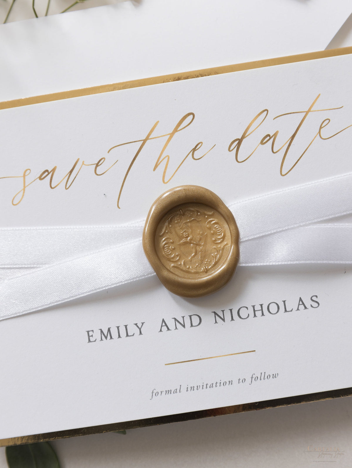 Luxury Wax Seal Save the Date Cupid's Bow Gold Foil Trim and Satin Ribbon