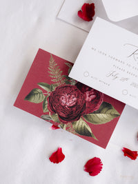 Modern Calligraphy Vellum Parchment Sleeve Invitation with Deep Red Floral Accents and Bordeaux Wax Seal