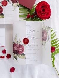 Modern Calligraphy Vellum Parchment Sleeve Invitation with Deep Red Floral Accents and Bordeaux Wax Seal