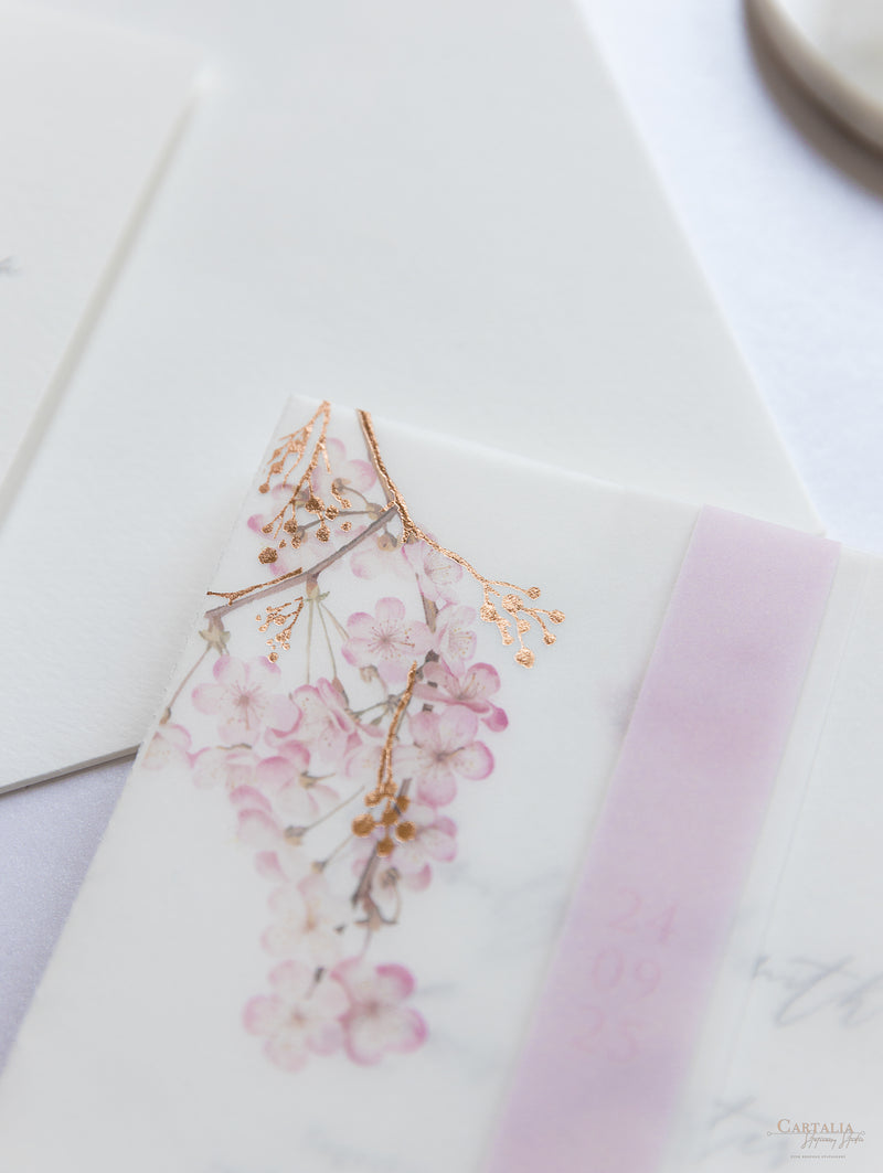 Modern Layered  Vellum/ Parchment Suite with Cherry Blossom Tree & Rose Gold Foil