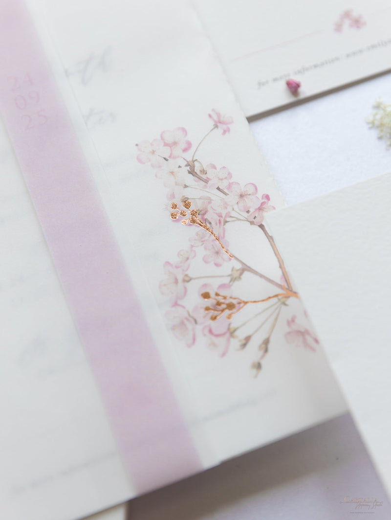 Modern Layered  Vellum/ Parchment Suite with Cherry Blossom Tree & Rose Gold Foil