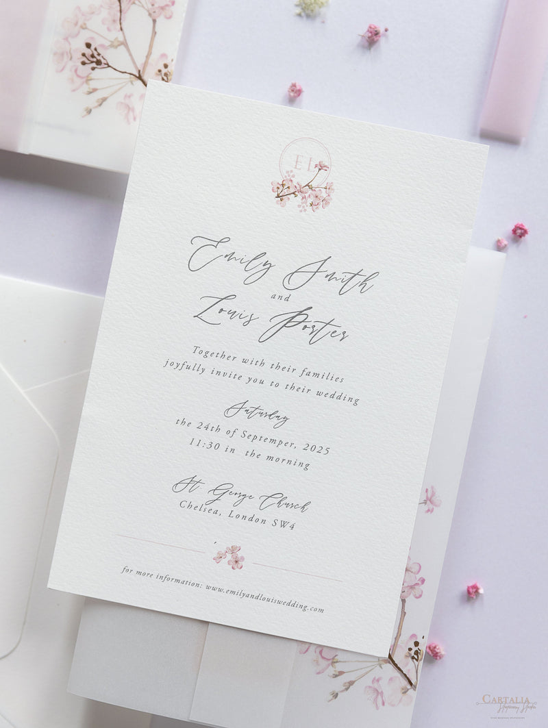 Modern Layered  Vellum/ Parchment Suite with Cherry Blossom Tree & Rose Gold Foil
