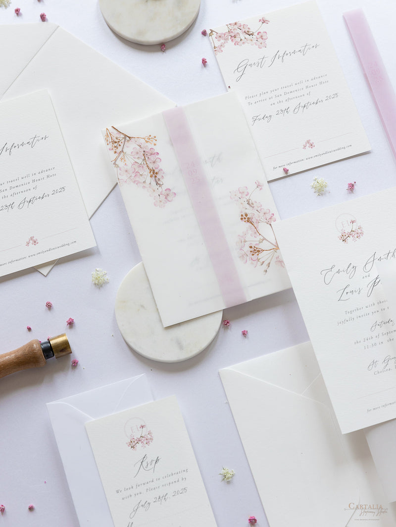 Modern Layered  Vellum/ Parchment Suite with Cherry Blossom Tree & Rose Gold Foil
