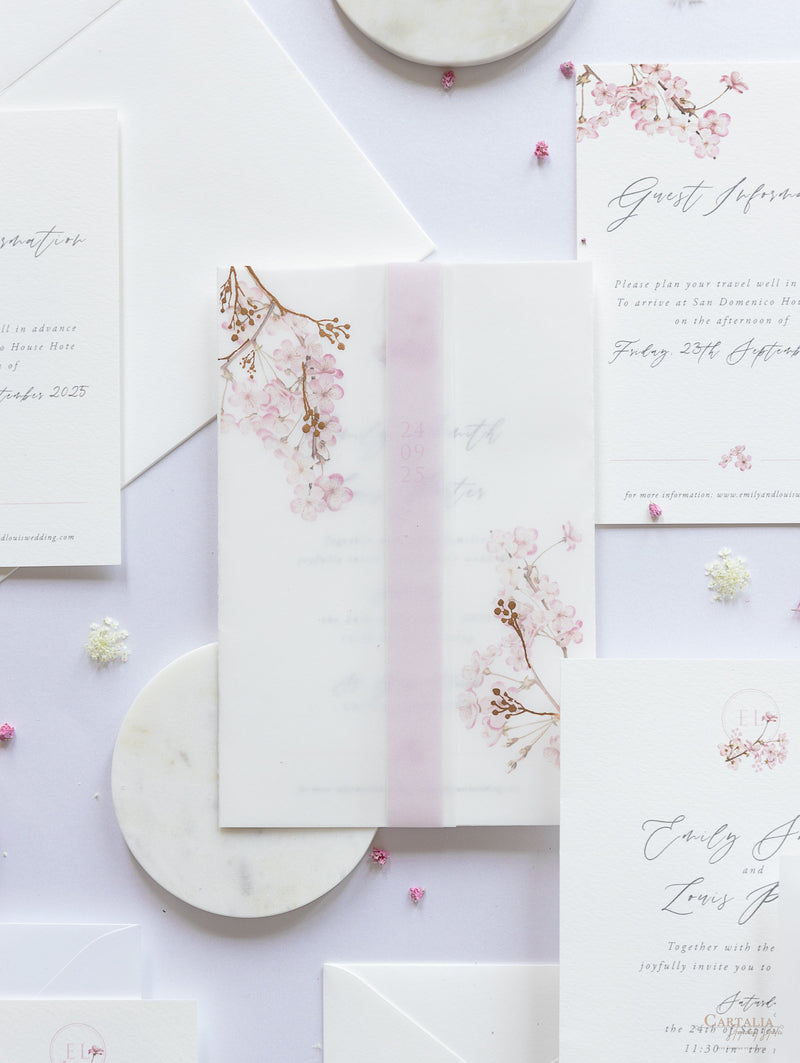 Modern Layered  Vellum/ Parchment Suite with Cherry Blossom Tree & Rose Gold Foil