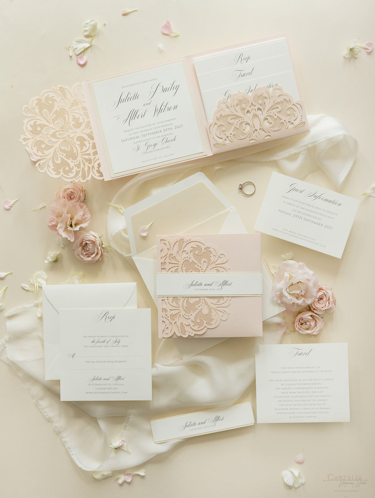 Luxury Blush Opulence Laser Cut Lace Pocketfold Wedding Invitation Suite with 3 Tier :  Guest Info & Travel & Rsvp Card