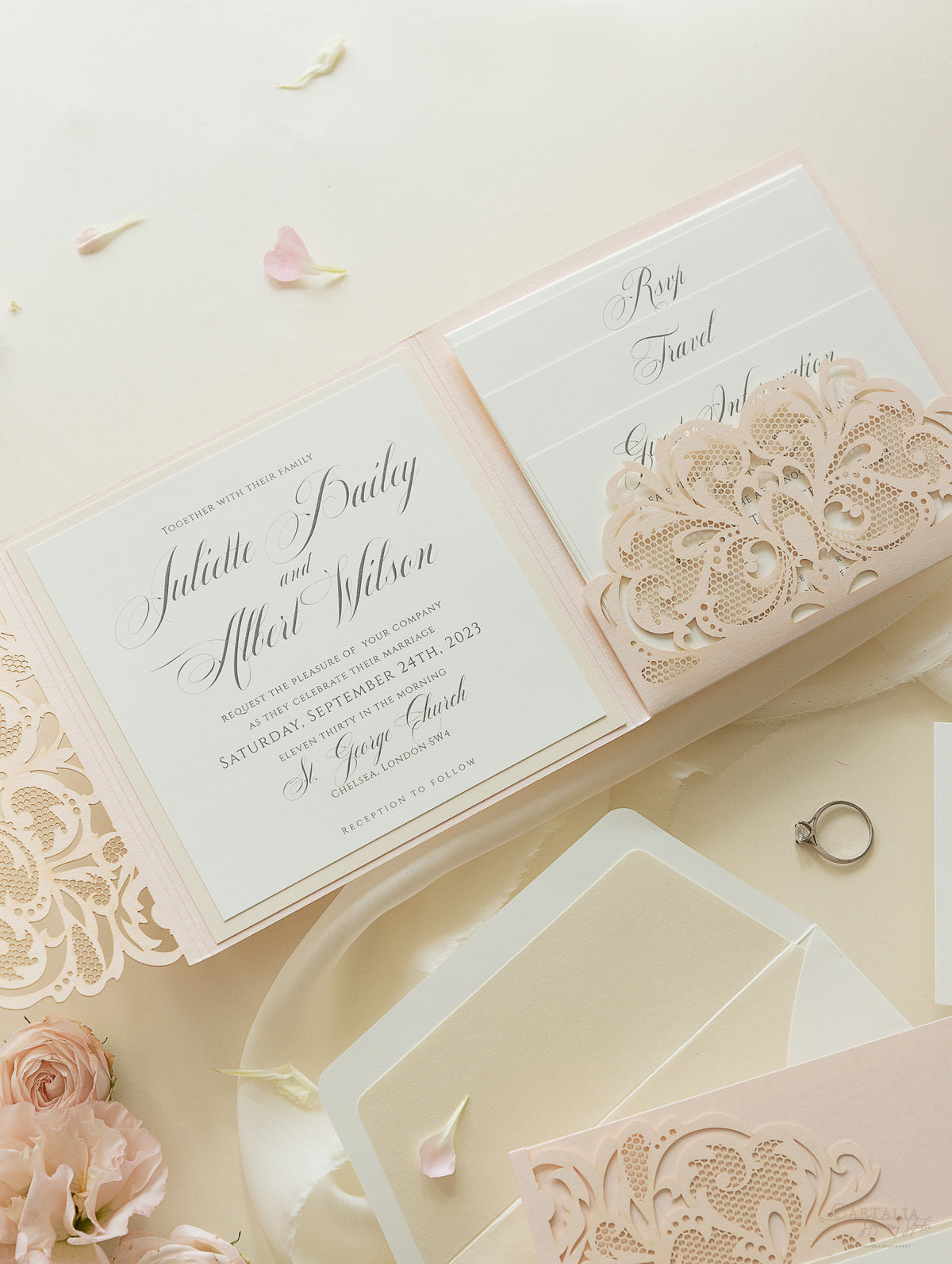 Luxury Blush Opulence Laser Cut Lace Pocketfold Wedding Invitation Suite with 3 Tier :  Guest Info & Travel & Rsvp Card