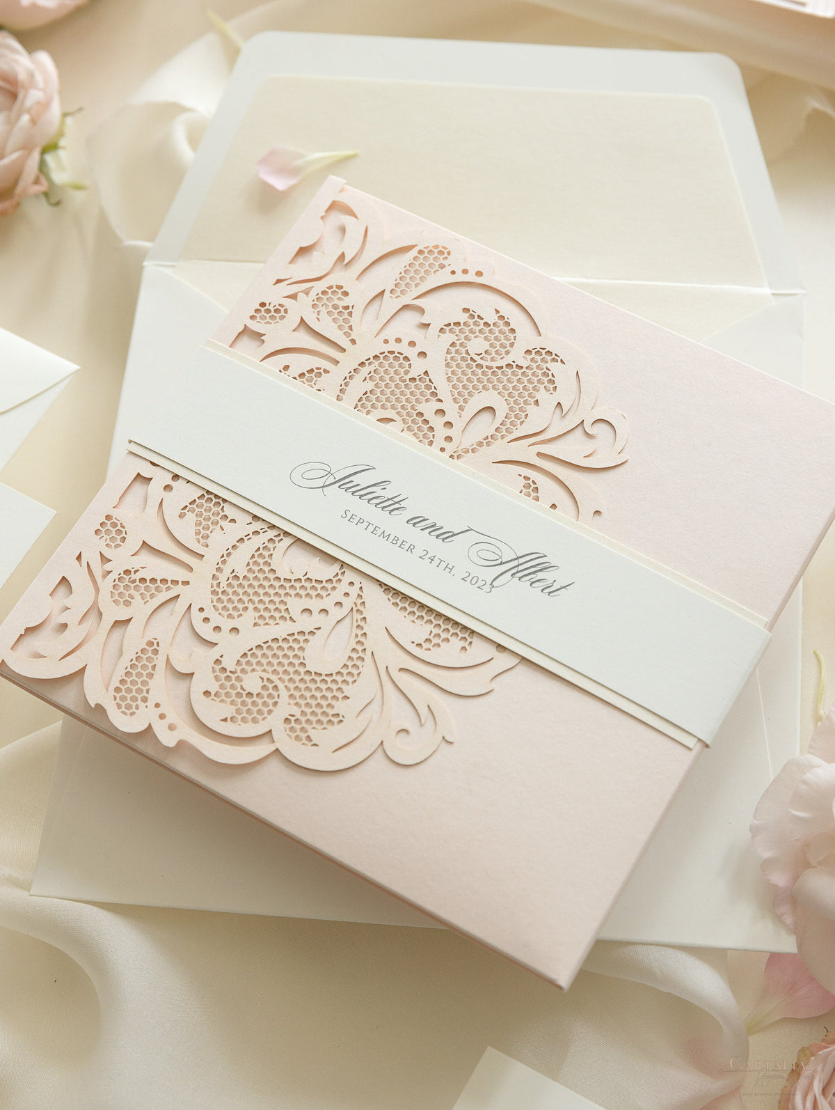 Luxury Blush Opulence Laser Cut Lace Pocketfold Wedding Invitation Suite with 3 Tier :  Guest Info & Travel & Rsvp Card