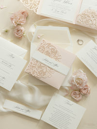 Luxury Blush Opulence Laser Cut Lace Pocketfold Wedding Invitation Suite with 3 Tier :  Guest Info & Travel & Rsvp Card