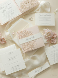 Luxury Blush Opulence Laser Cut Lace Pocketfold Wedding Invitation Suite with 3 Tier :  Guest Info & Travel & Rsvp Card