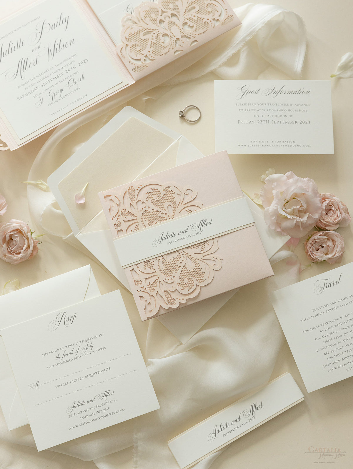 Luxury Blush Opulence Laser Cut Square Lace Save the Date with Envelope