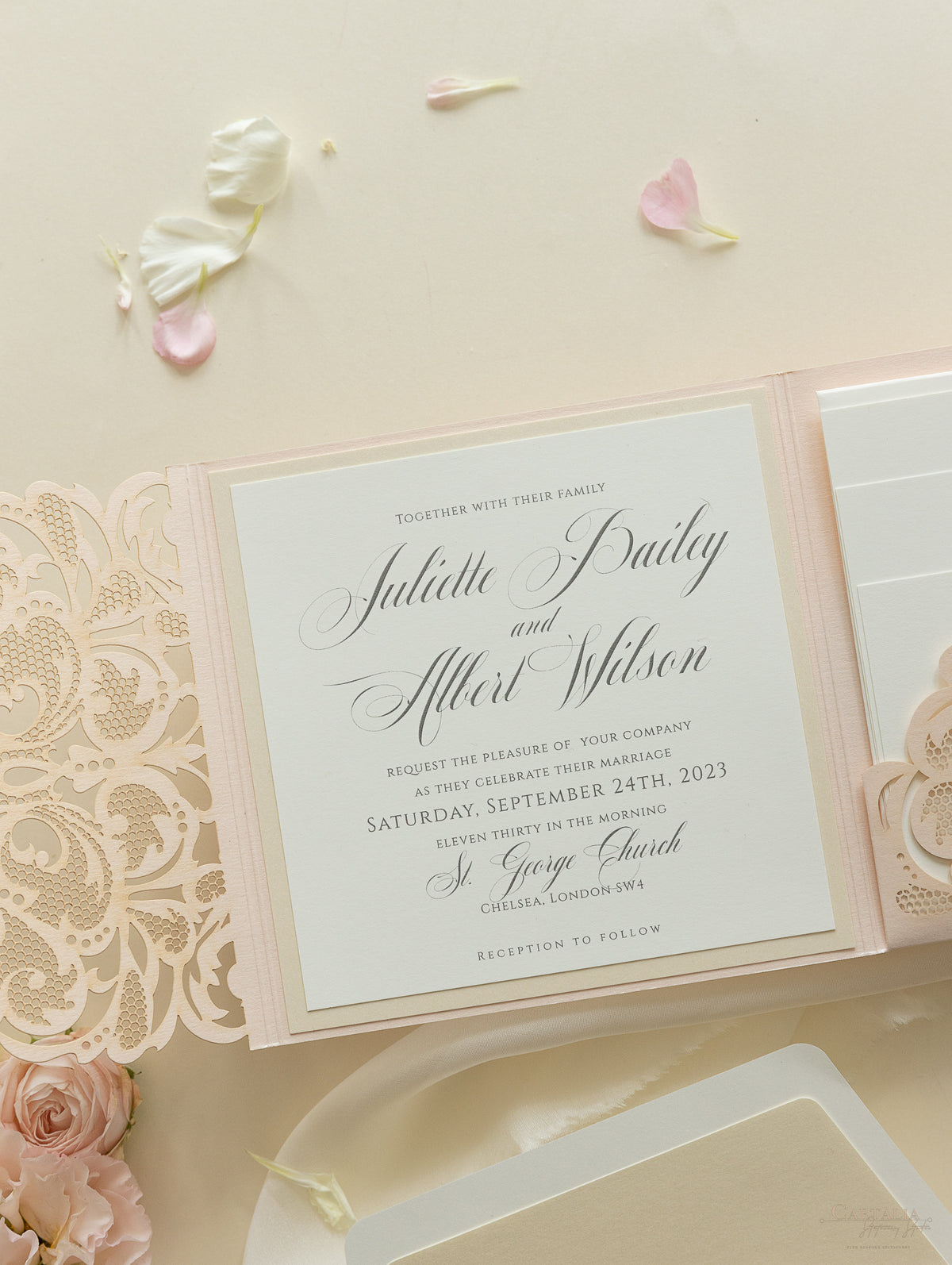 Luxury Blush Opulence Laser Cut Lace Pocketfold Wedding Invitation Suite with 3 Tier :  Guest Info & Travel & Rsvp Card