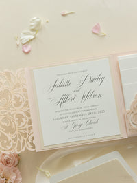 Luxury Blush Opulence Laser Cut Lace Pocketfold Wedding Invitation Suite with 3 Tier :  Guest Info & Travel & Rsvp Card