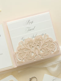 Luxury Blush Opulence Laser Cut Lace Pocketfold Wedding Invitation Suite with 3 Tier :  Guest Info & Travel & Rsvp Card