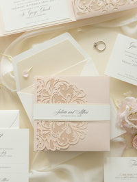 Luxury Blush Opulence Laser Cut Lace Pocketfold Wedding Invitation Suite with 3 Tier :  Guest Info & Travel & Rsvp Card