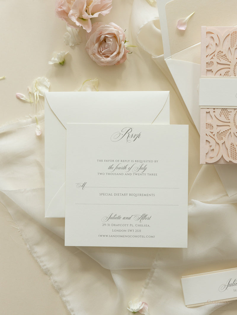 Luxury Blush Opulence Laser Cut Lace Pocketfold Wedding Invitation Suite with 3 Tier :  Guest Info & Travel & Rsvp Card